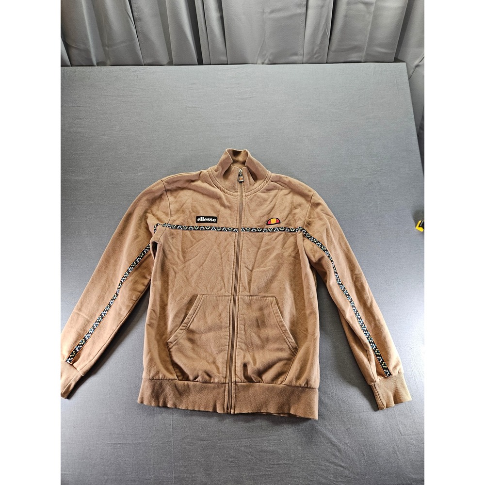 Ellesse Womens Track Jacket Tan Brown Geometric Trim Full Zip Funnel Neck UK 8